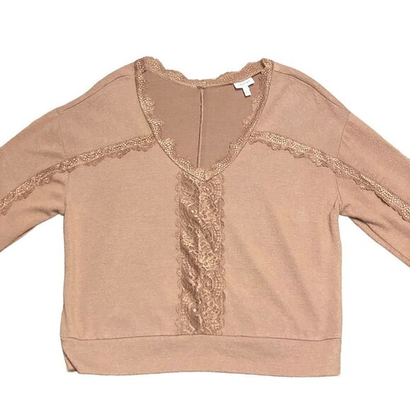 Self E V Neck Long Sleeve Crop Sweater With Lace Trim - Picture 1 of 5
